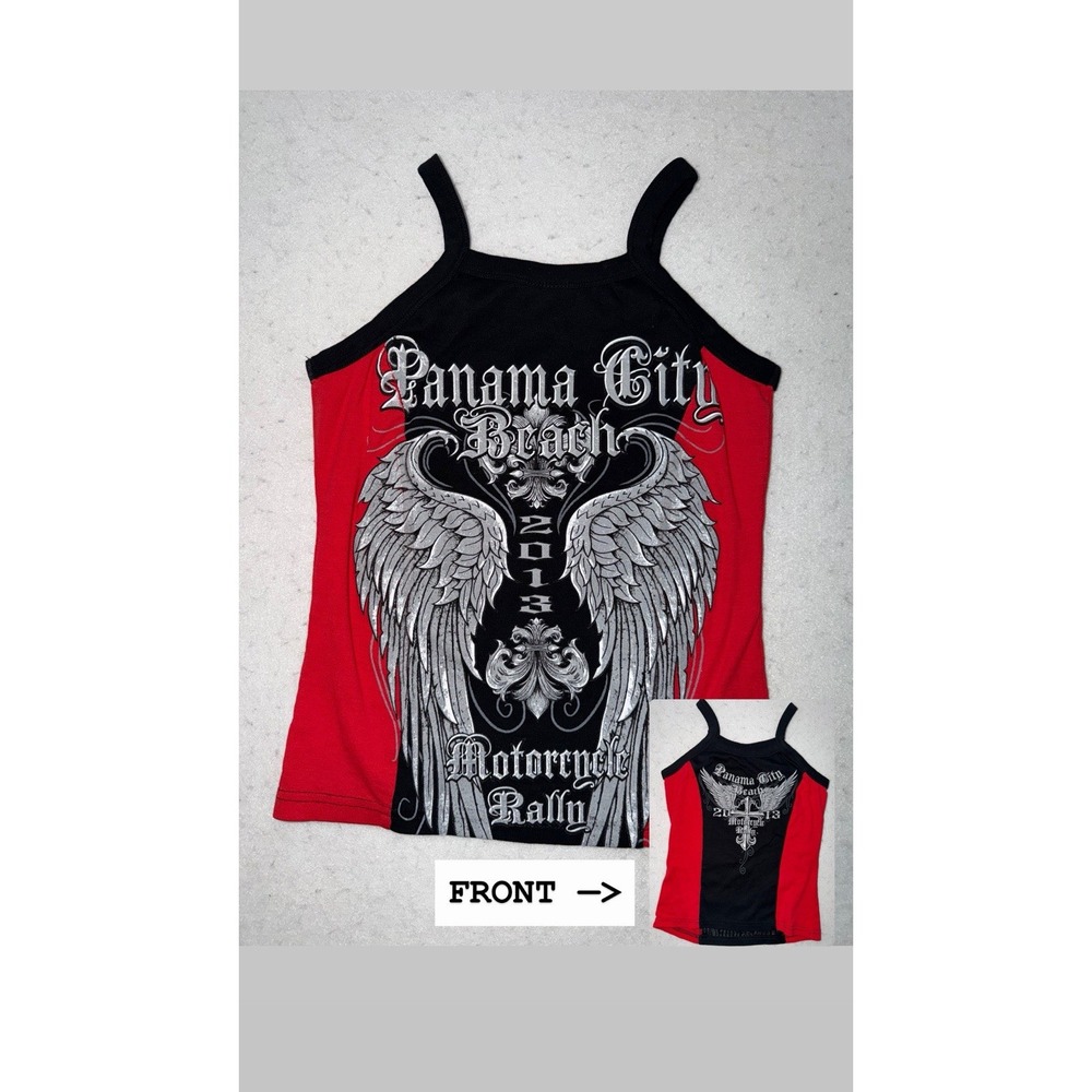Biker Angel Wings Cropped Tank Top Baby Cami Womens Large Gothic Black Red Cross